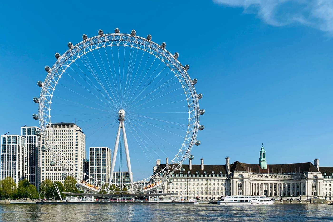 The London Eye beside County Hall on the South Bank, seen across the Thames