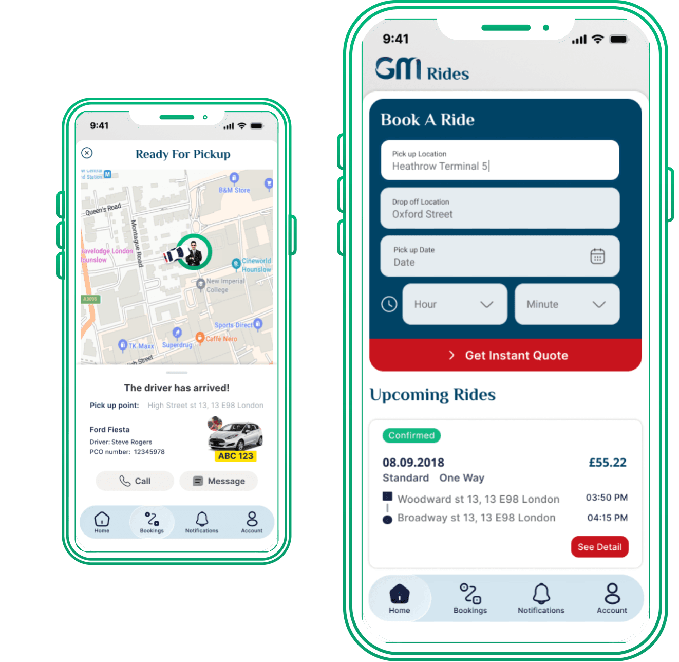 GM Rides app screens: booking a ride and a driver arriving for pickup
